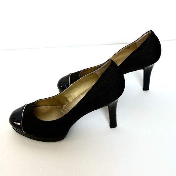 Tahari Laurie Stilettos, Black High Heels, Patent Leather Toe, Fabric, Size 8.5 - Picture 2 of 7